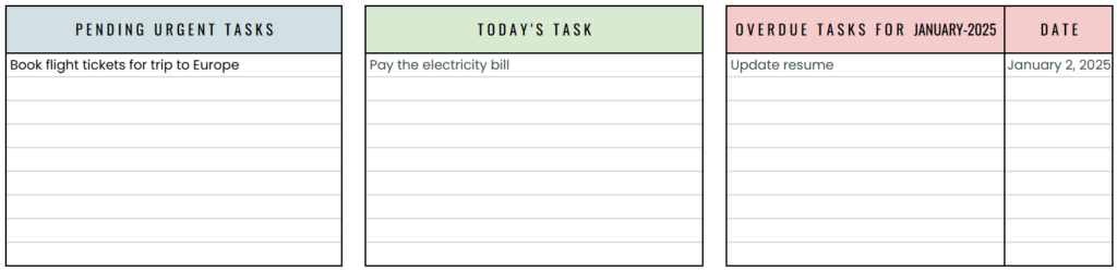 To Do List Google Sheets - Top section